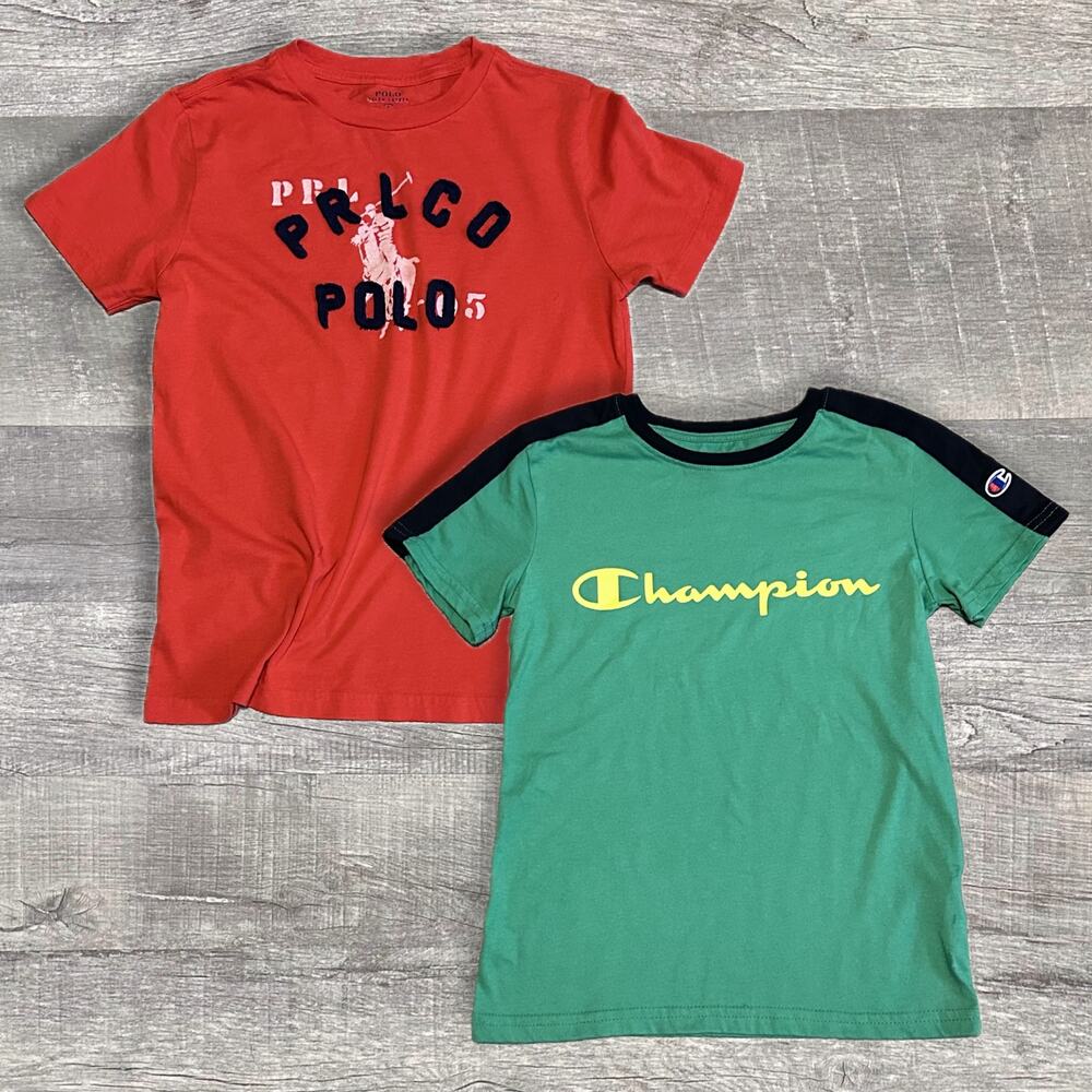 Boys T Shirt Bundle (2) Short Sleeve Logo Red Green S 7/8 Ralph Lauren Champion